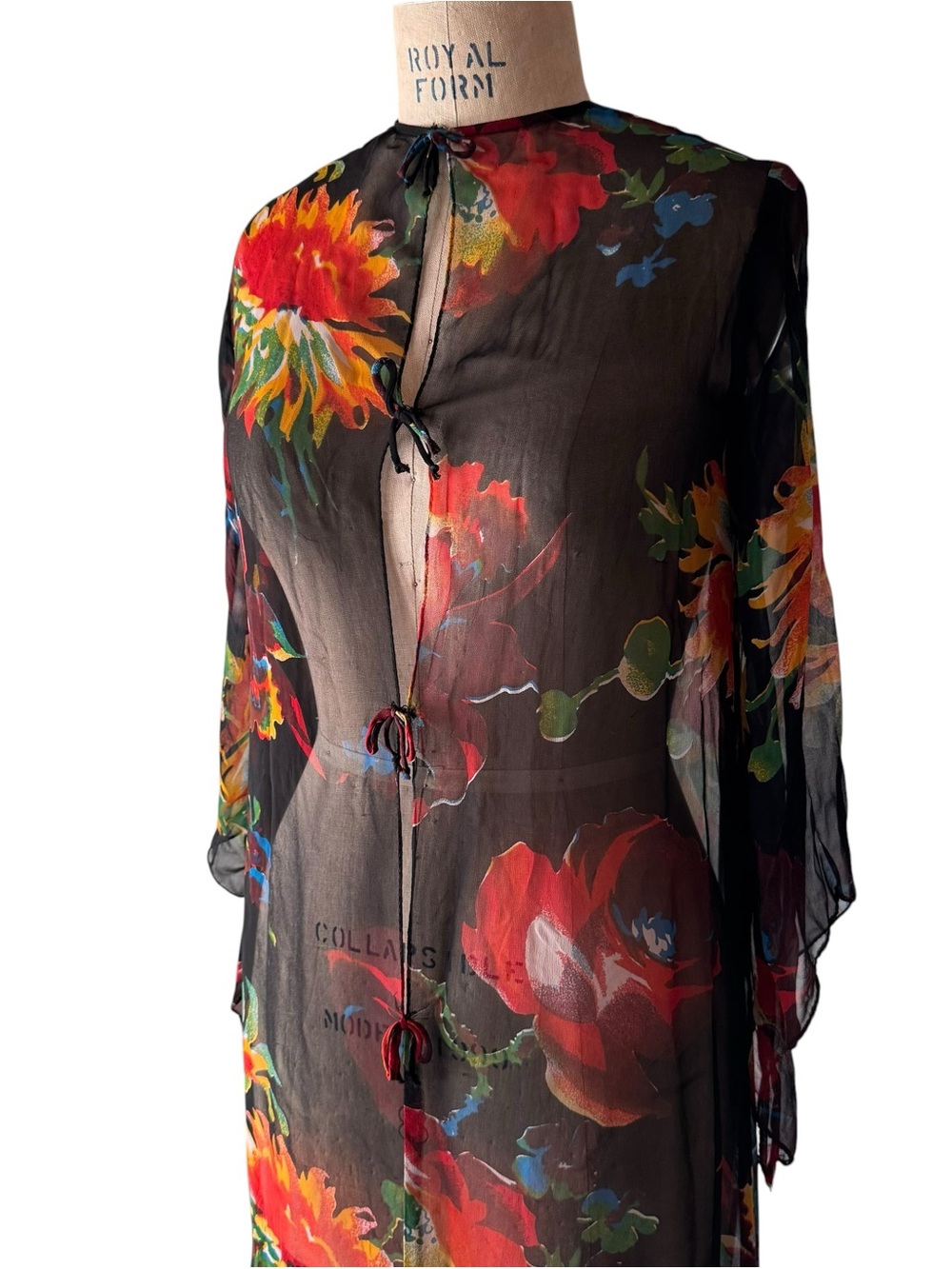 Vintage 70s Floral Patterned Sheer Chiffon Caftan Style Hostess Gown - Picture 2 of 8